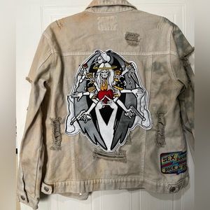 Custom made Distressed Beige Denim jacket. Medium